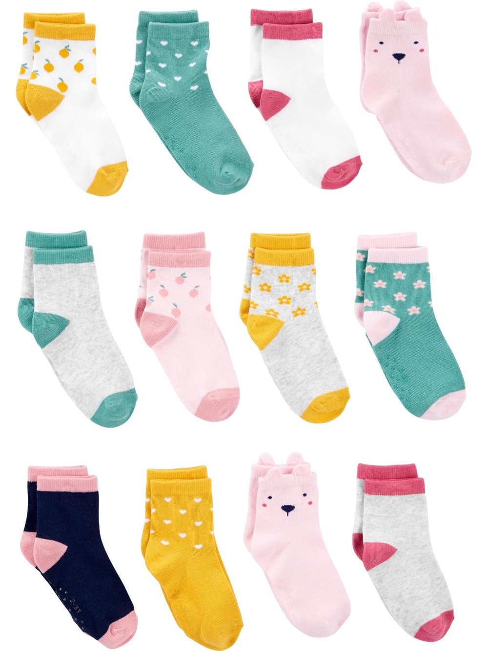 Carter's 12-Pack Kids Crew Socks in Pink, Yellow, Green, Teal, Navy, Gray